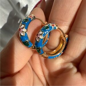 Colorful Festival Floral Blue and Gold Hoop Earrings